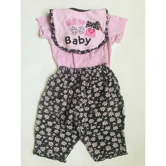 Girl's Size 9M 6-9 Months 3 Piece Pink Floral Carter's Top + Brown Pants & Bib - Picture 2 of 9